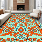 Vibrant Orange Blue Floral Medallion Rug