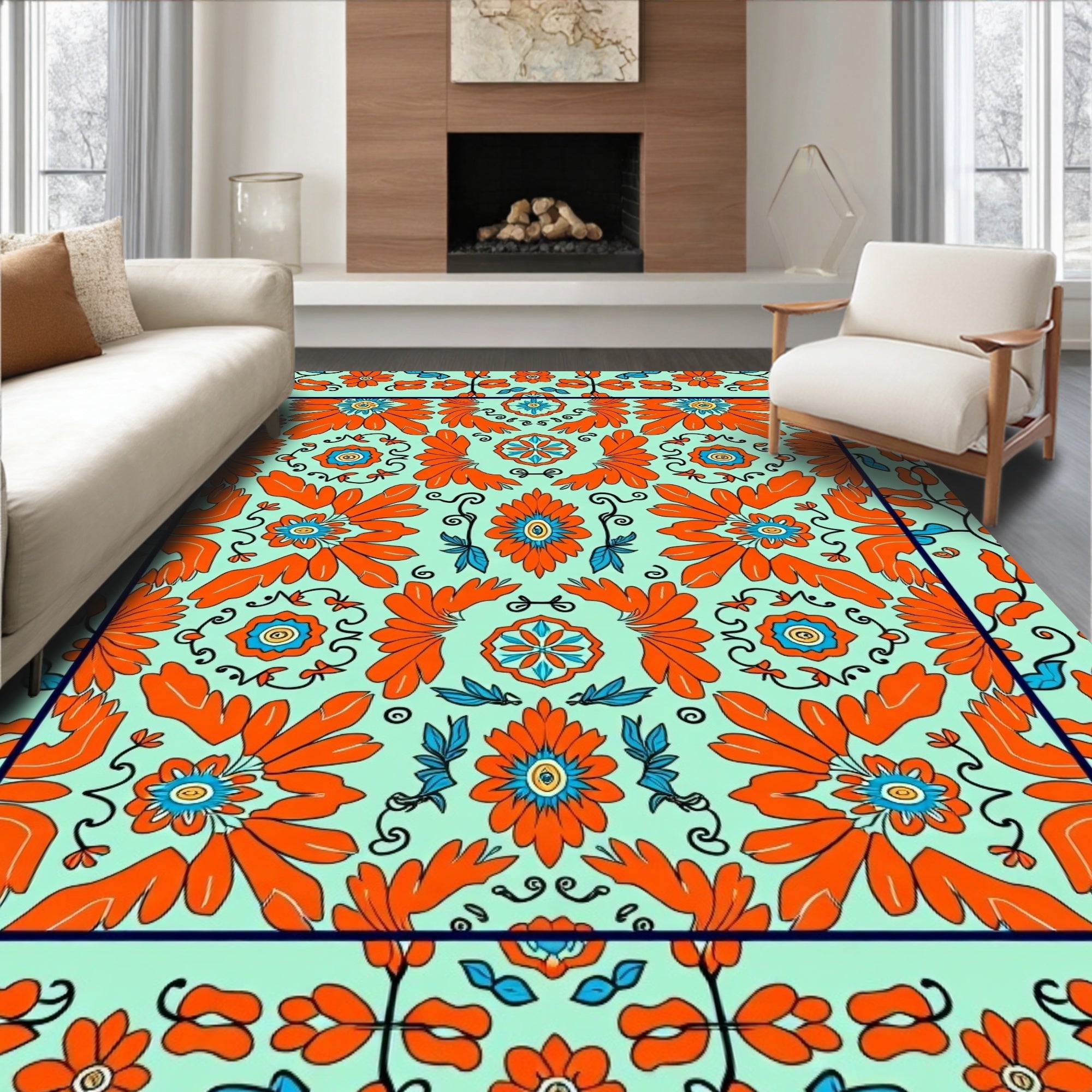 Vibrant Orange Blue Floral Medallion Rug