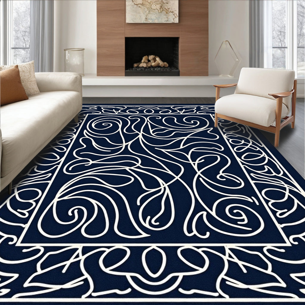 Elegant White Swirls on Navy Field Rug