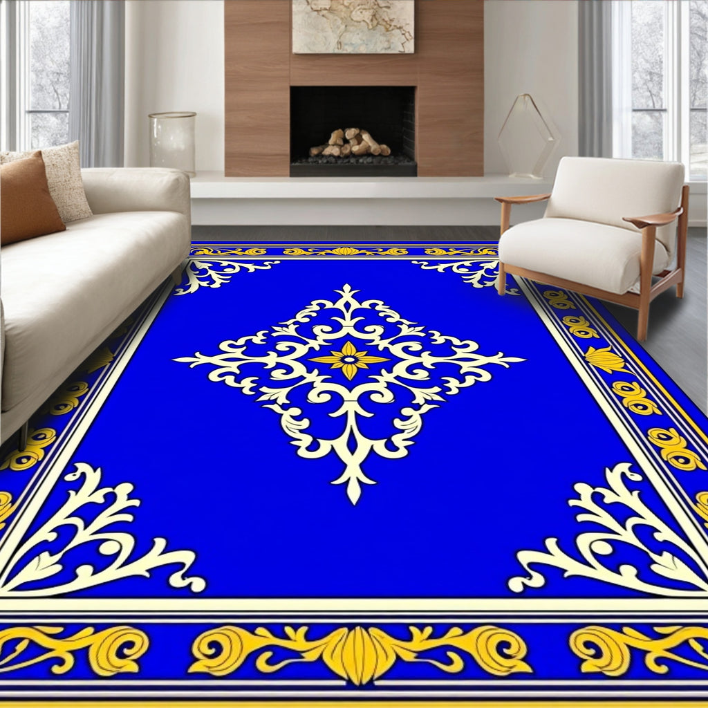 Regal Blue Gold Ornate Floral Design Rug