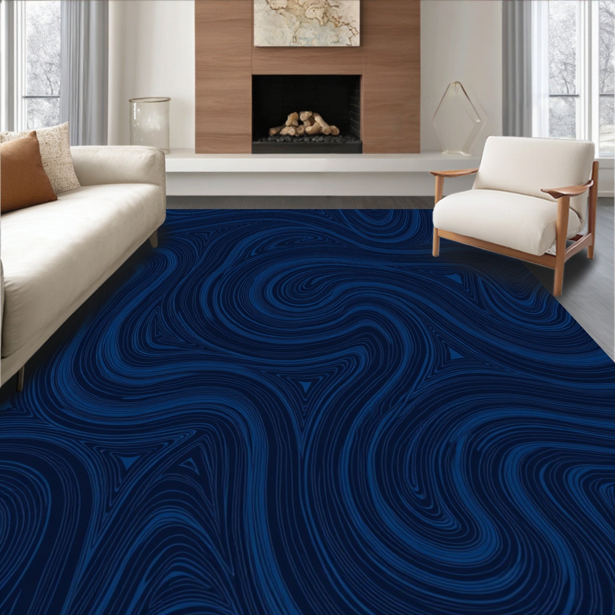 Deep Blue Swirl Abstract Pattern Rug
