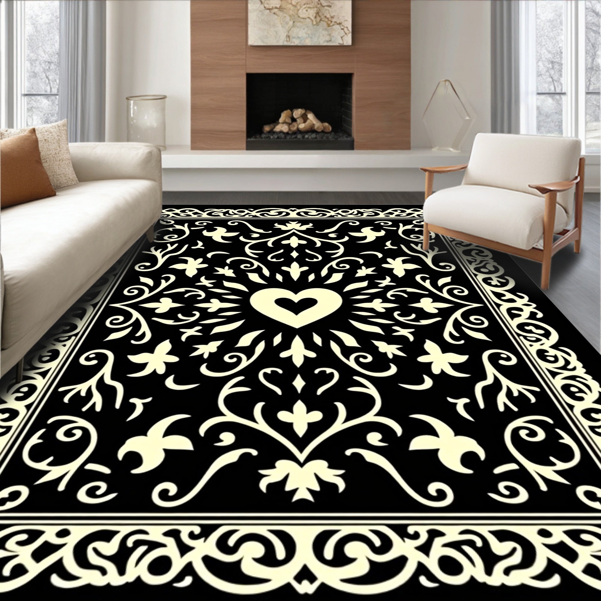 Elegant Black Ivory Heart Border Rug