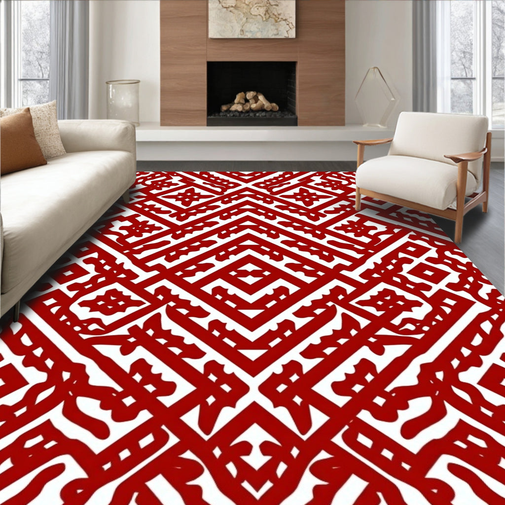 Abstract Red White Geometric Pattern Rug