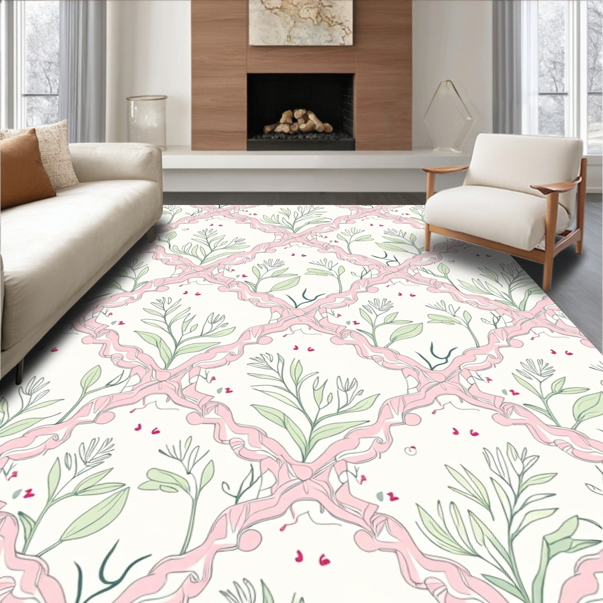 Feminine Floral Ribbon Lattice Pattern Rug