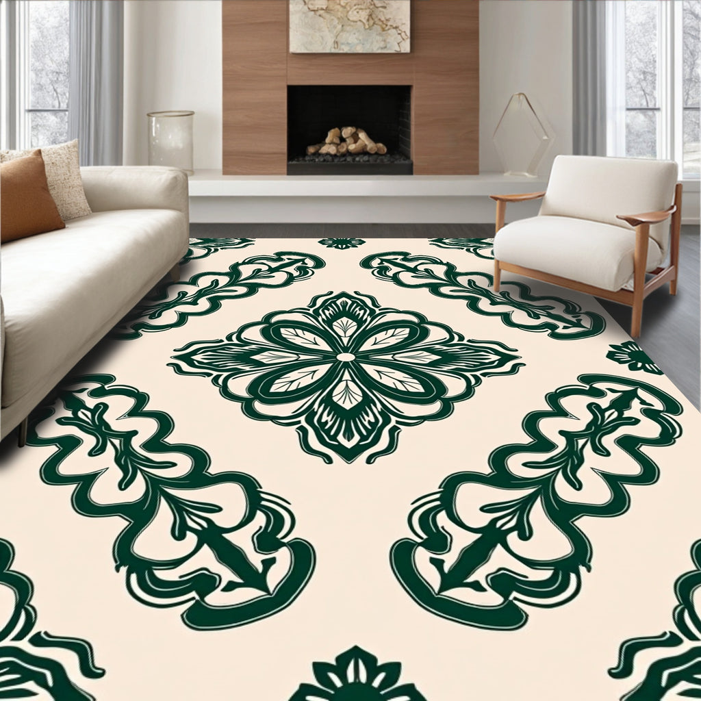 Dark Green Floral Arabesque Pattern Rug