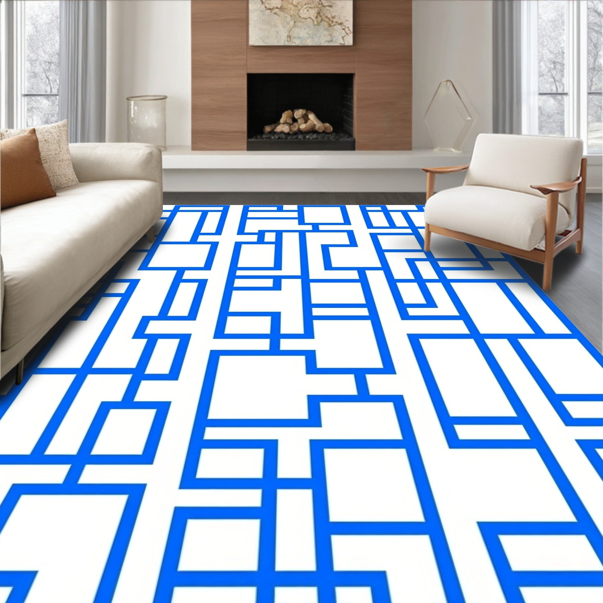 Abstract Blue Geometric Grid Design Rug