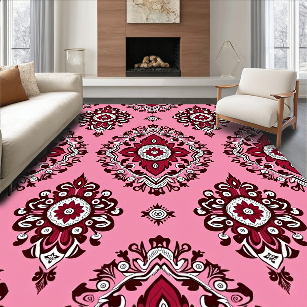 Damask Floral Pink And Burgundy Rug