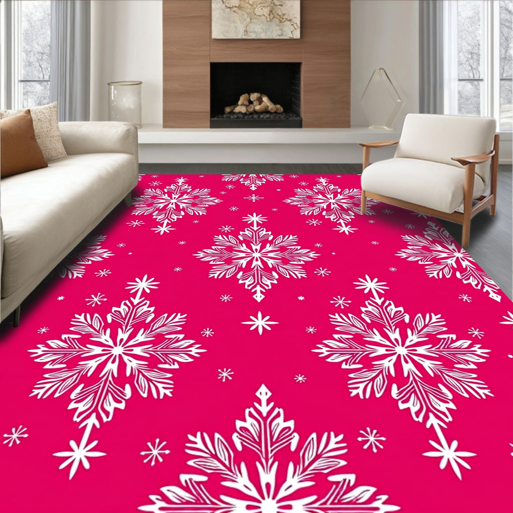 White Snowflake Patterned Pink Rug