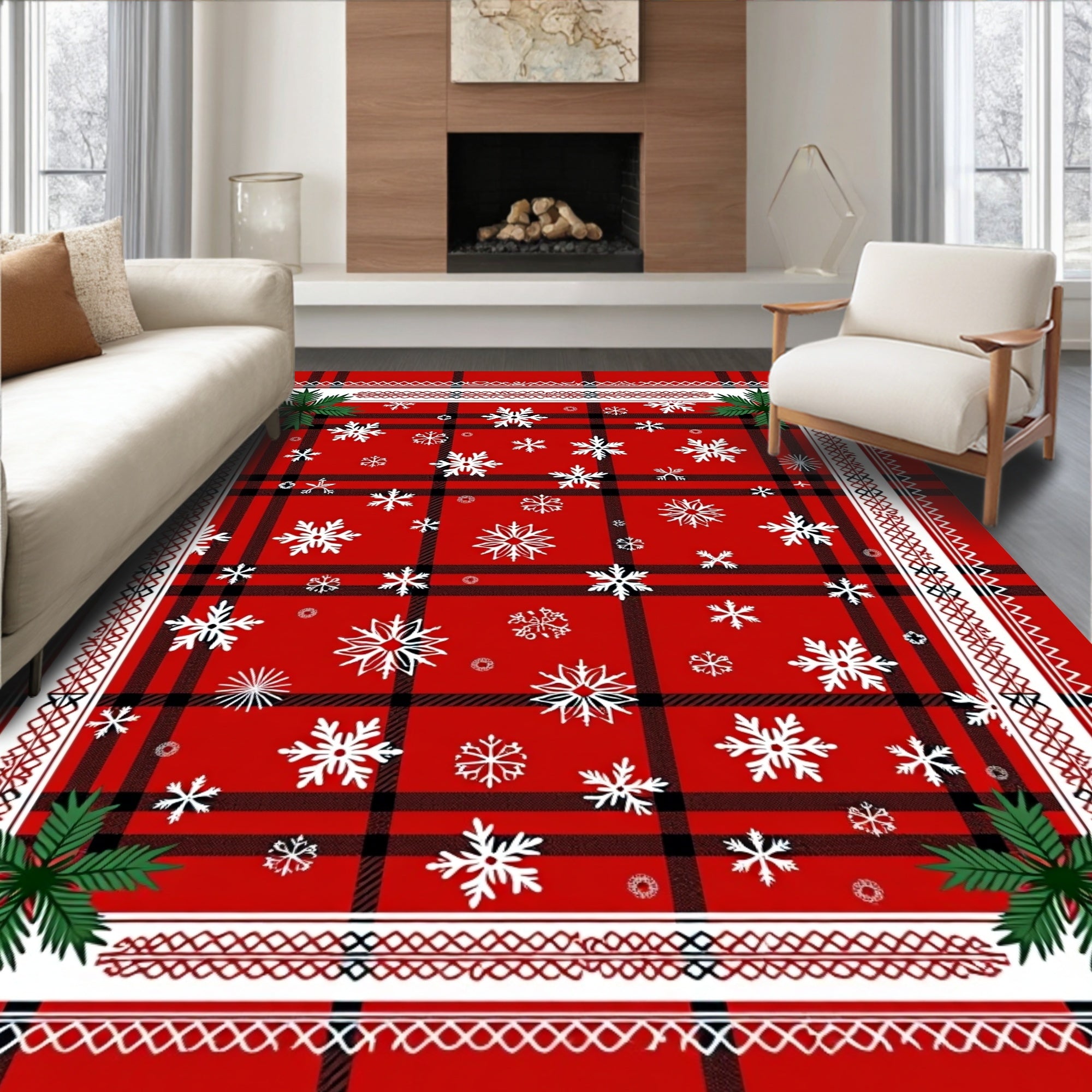 Red Snowflake Plaid Patterned Design Rug