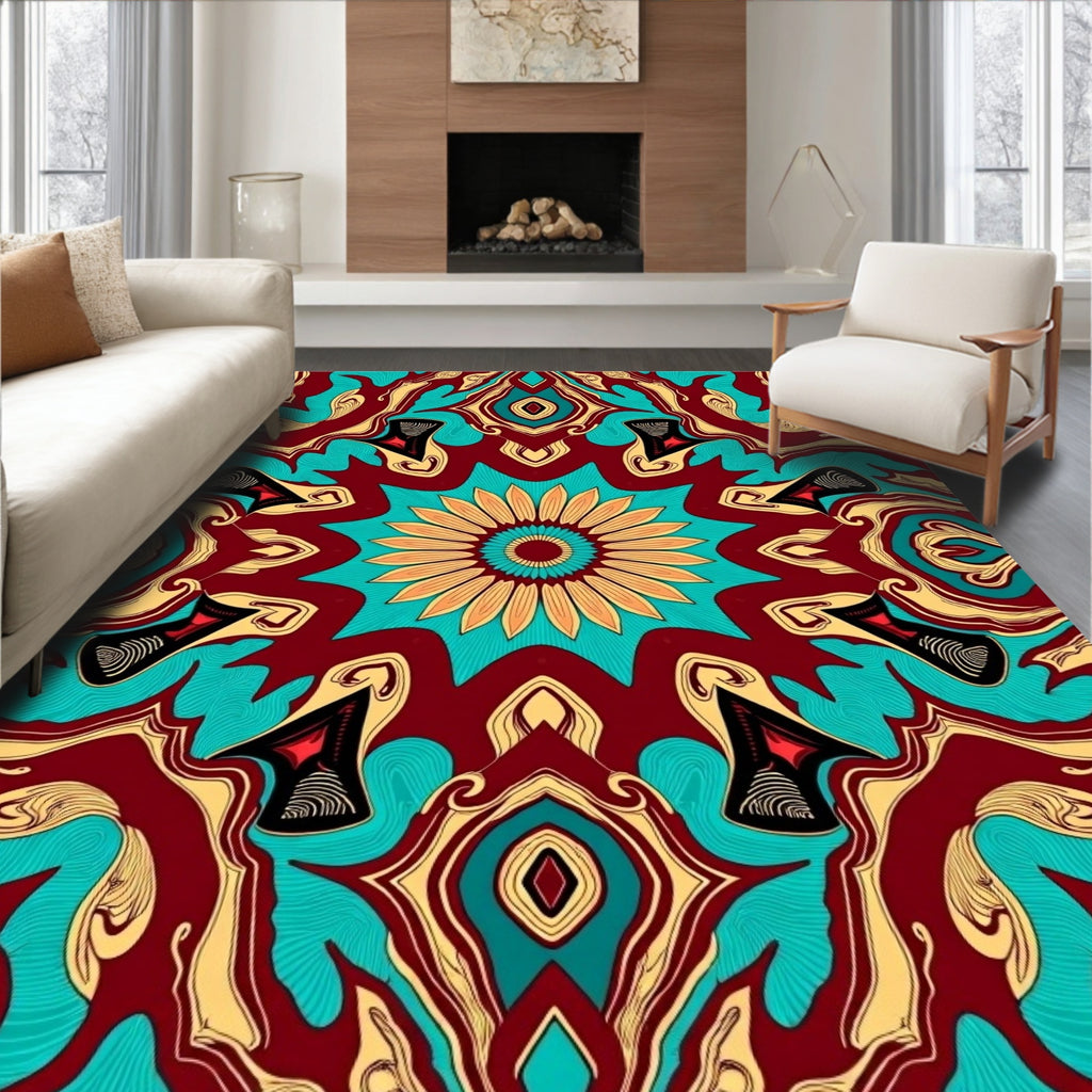 Rich Teal Crimson Abstract Flow Rug