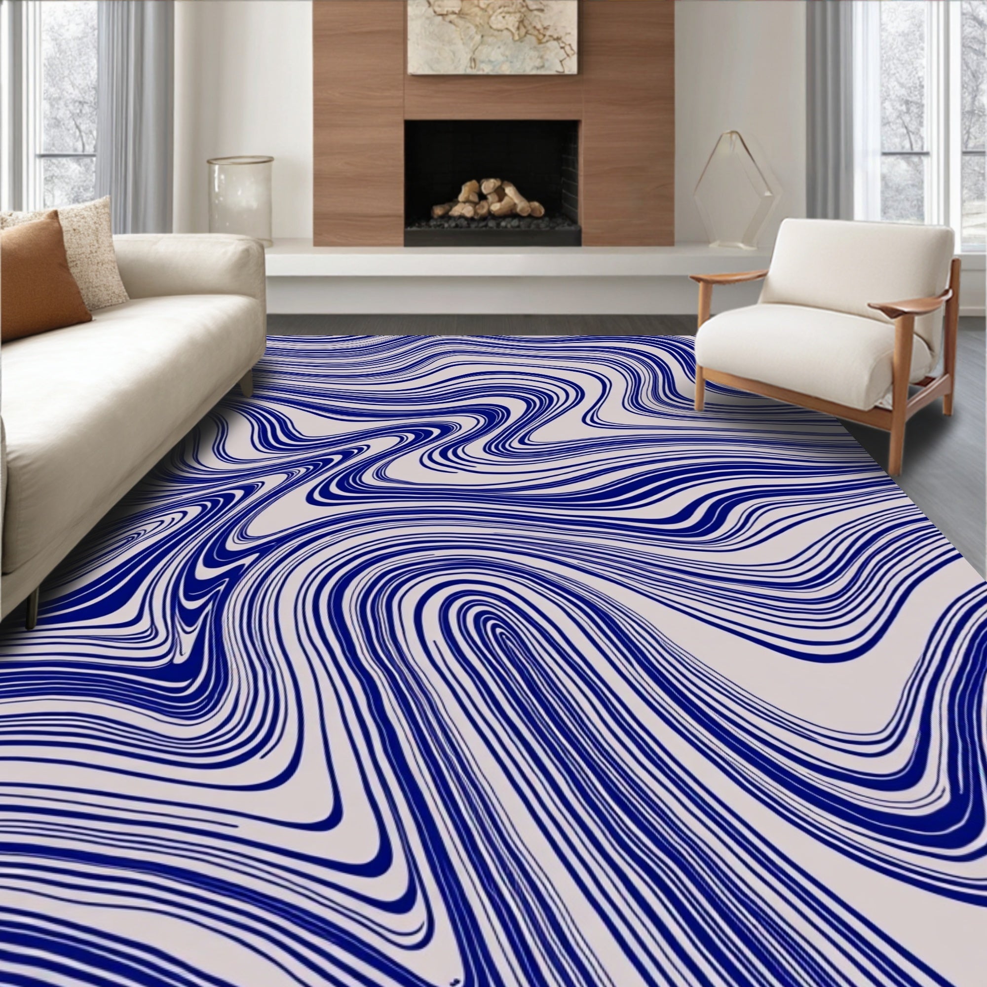 Abstract Blue Gray Flowing Lines Rug
