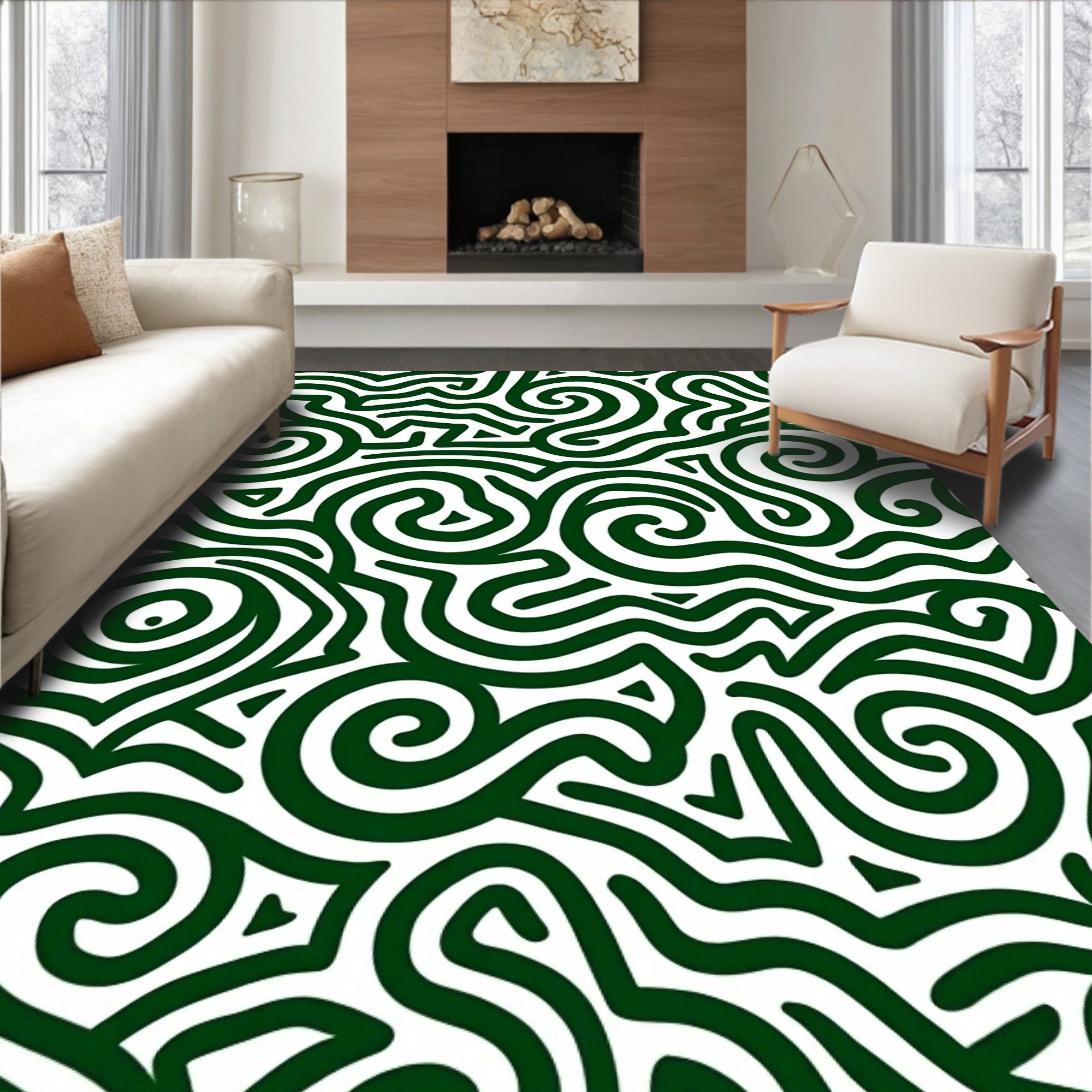 Green Swirl Maze Abstract Design Rug
