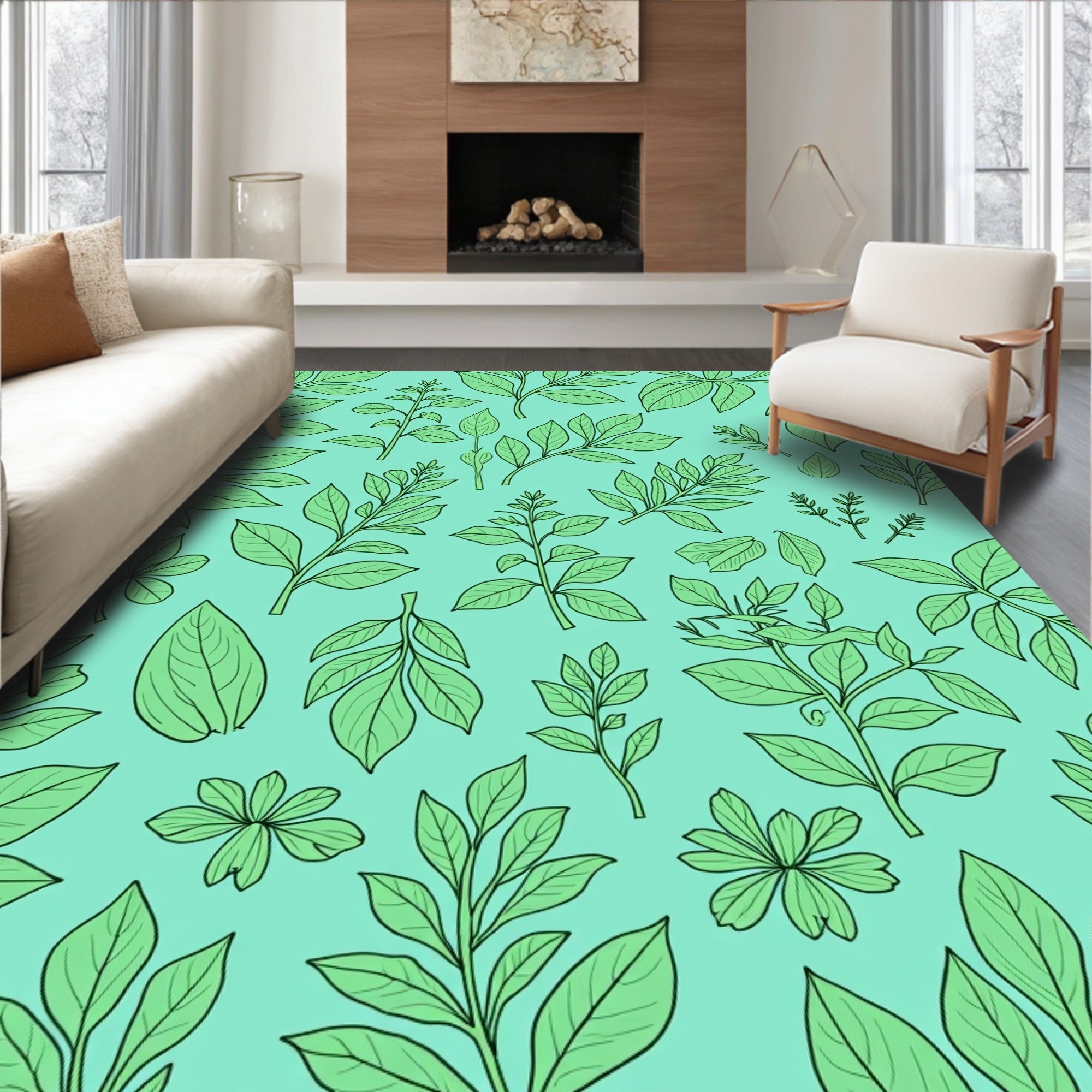 Botanical Green Leaf Pattern Rug