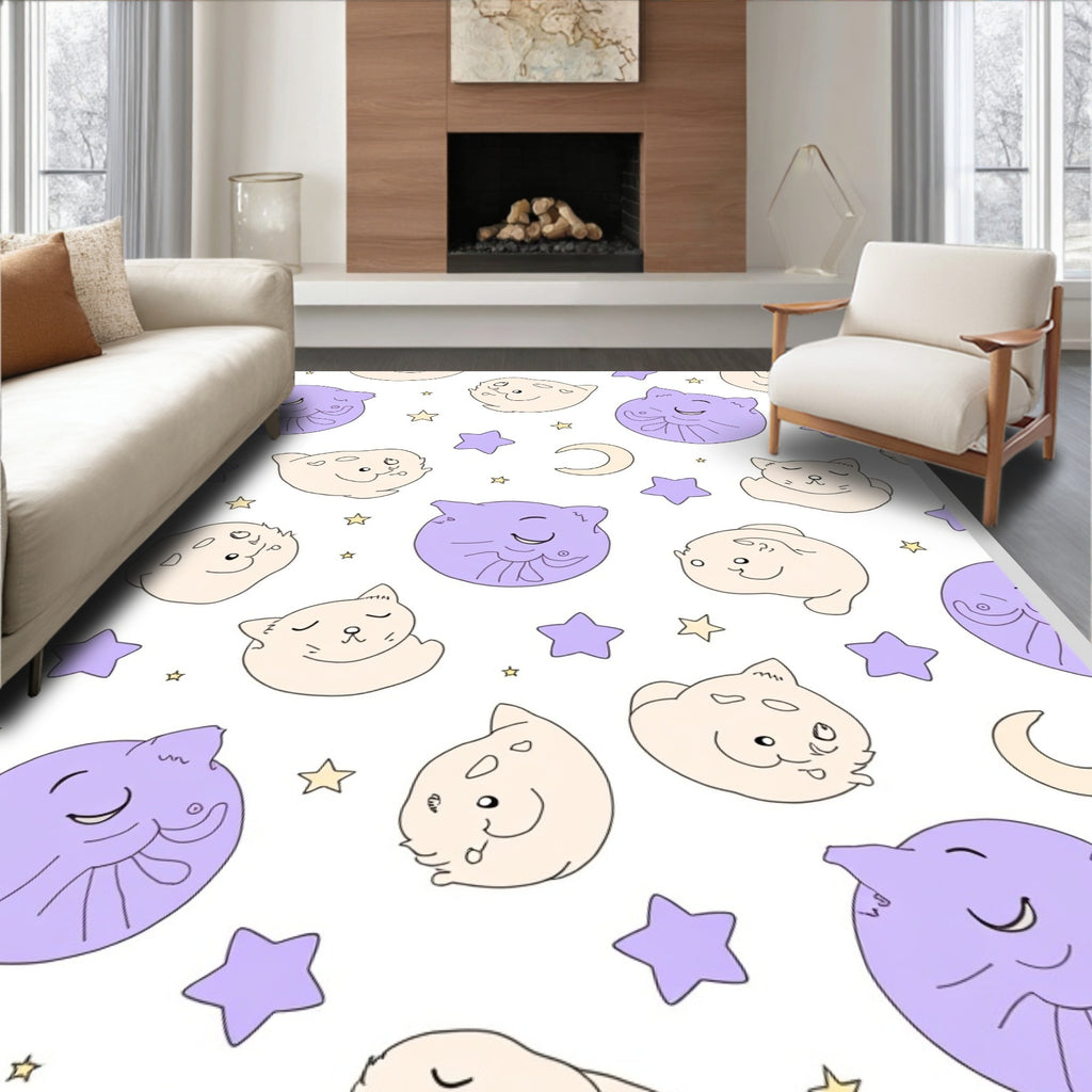 Kawaii Cat Moon Star Pattern Rug