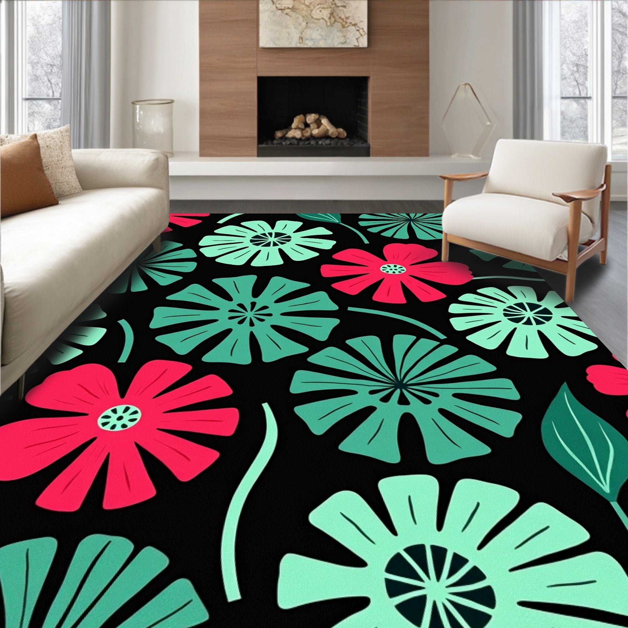 Coral Mint Vintage Floral Medallion Rug