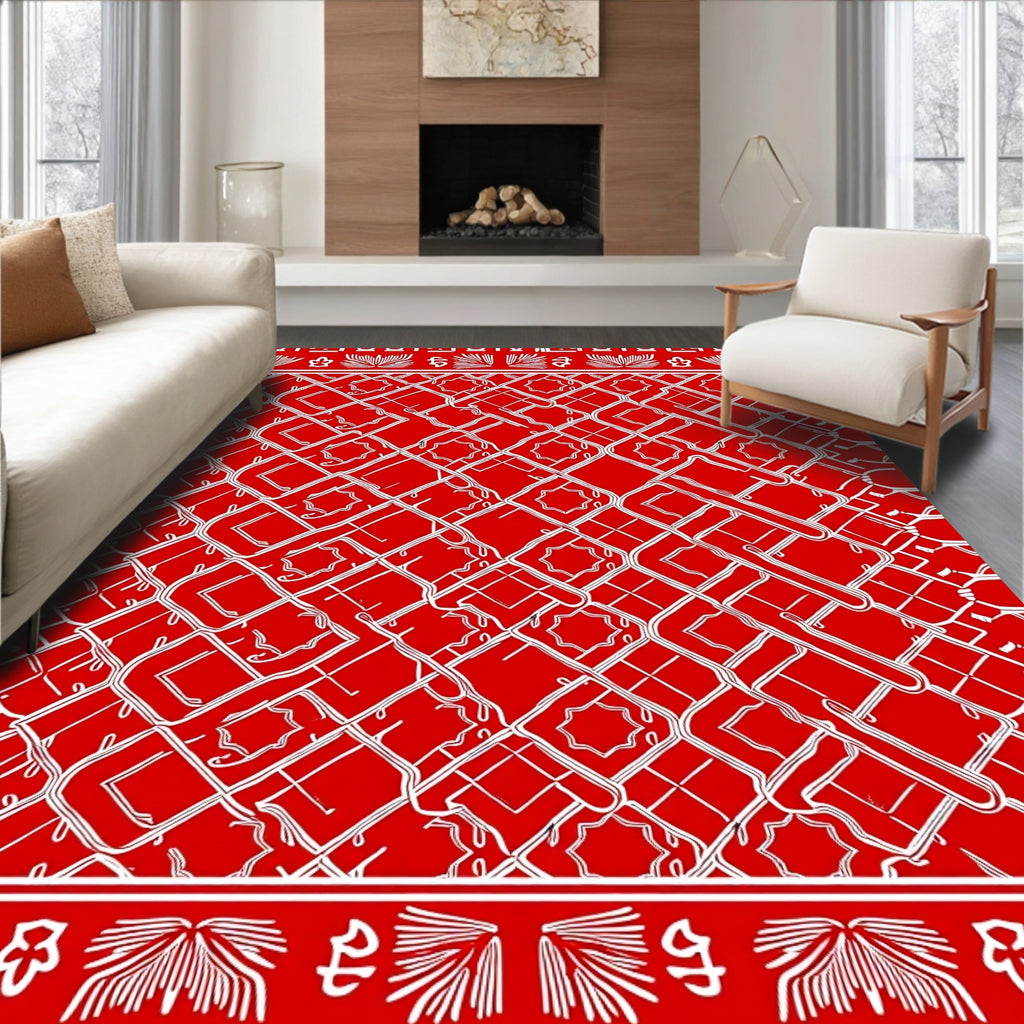 Bold Red White Interlocking Geometric Pattern Rug