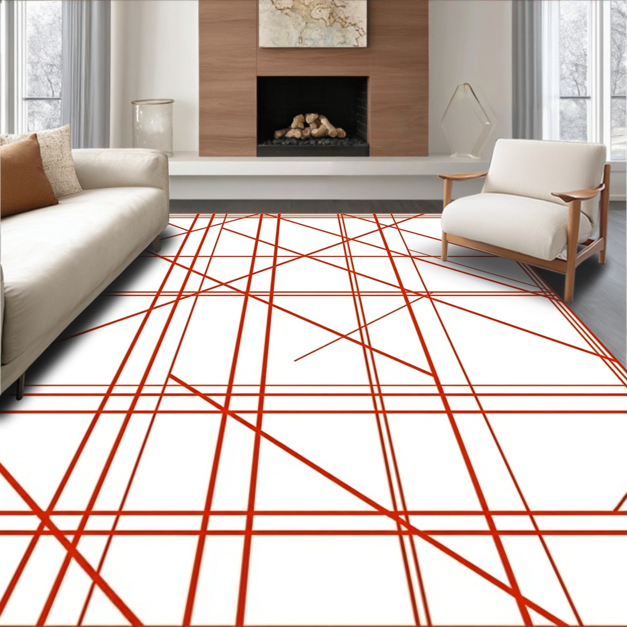 Red Geometric Line Art Pattern Rug