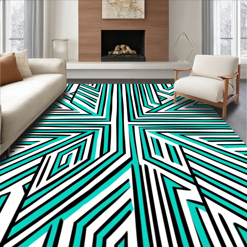 Modern Geometric Turquoise Black White Design Rug