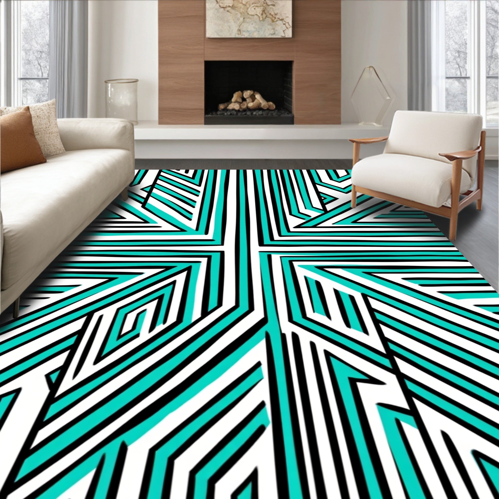Modern Geometric Turquoise Black White Design Rug