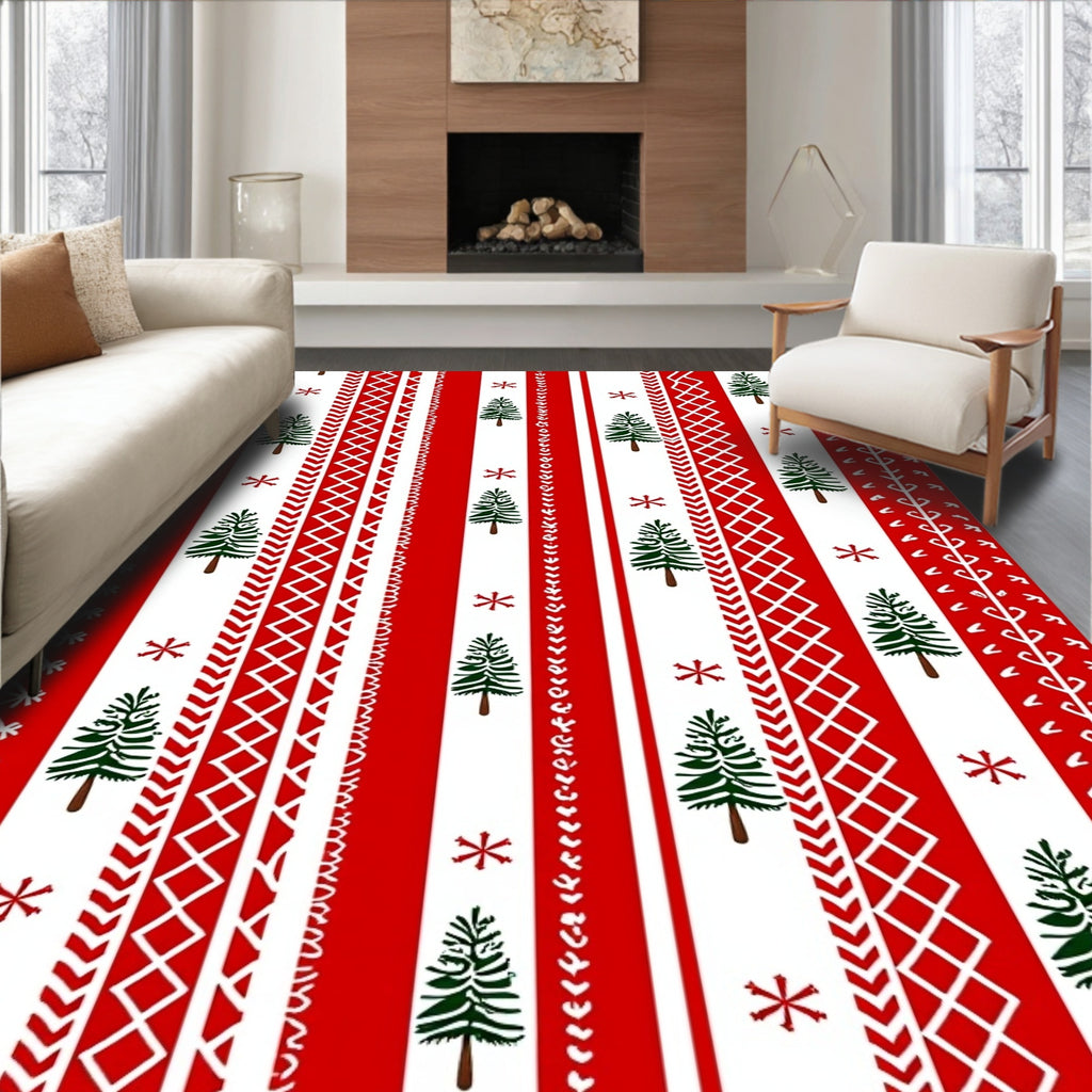 Red White Trees and Snowflakes Pattern Rug