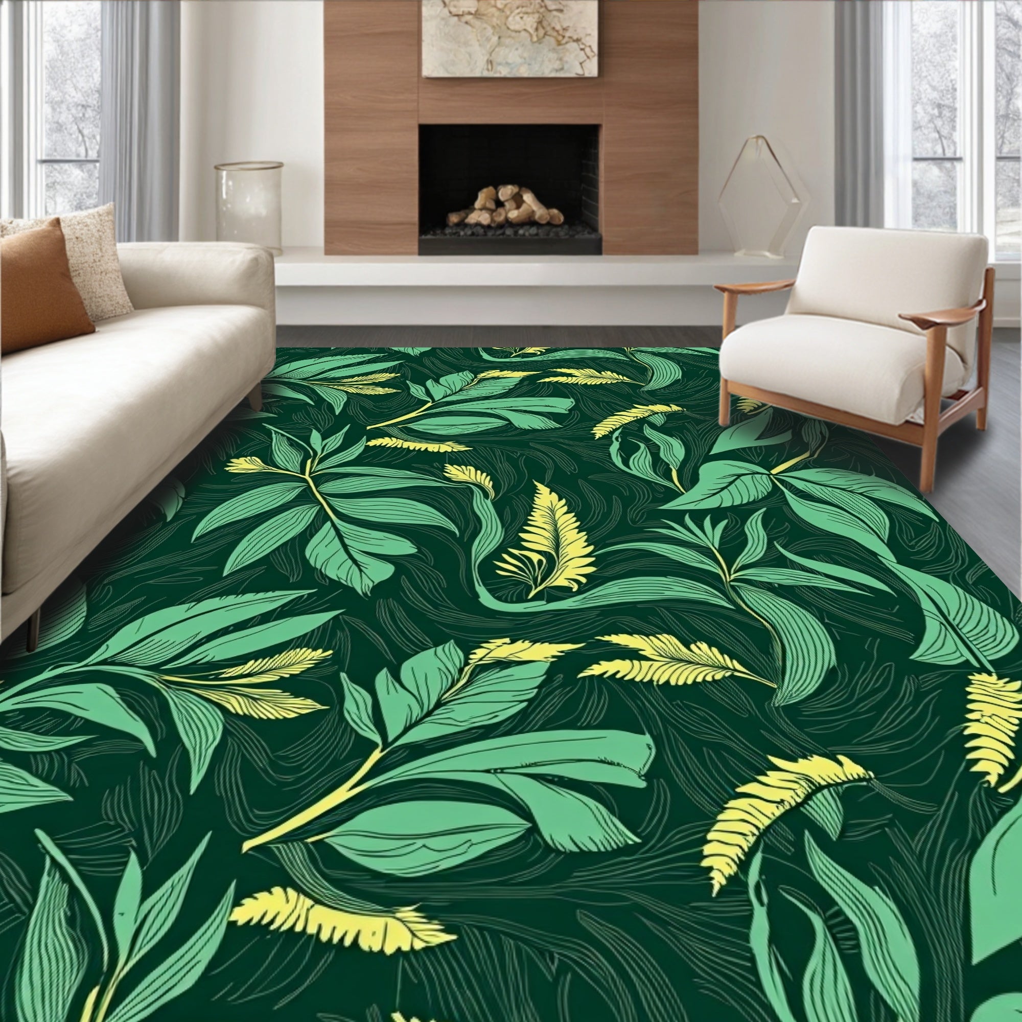 Emerald Green Tropical Leaf Swirl Rug