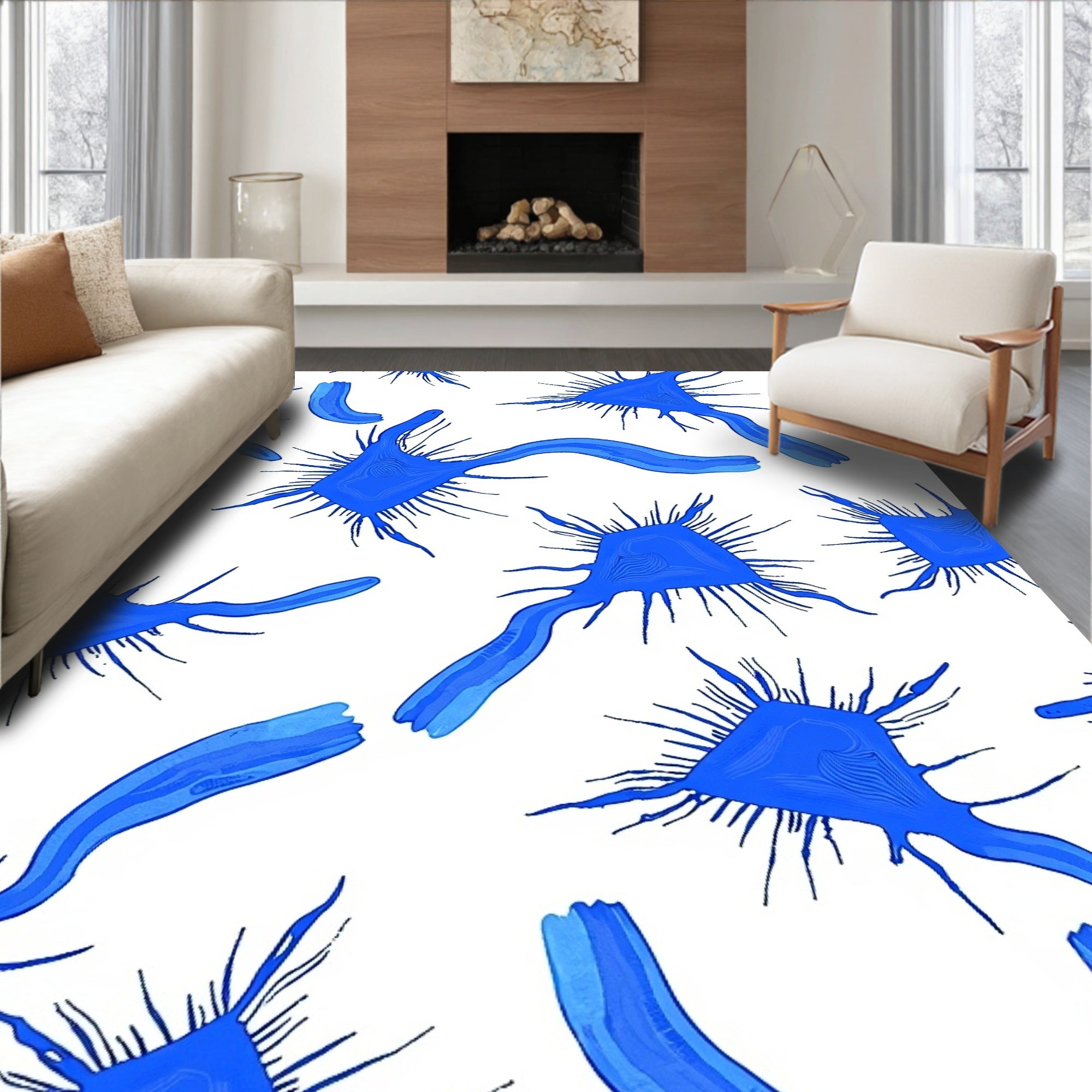 Abstract Blue Spiky Cell Pattern Rug