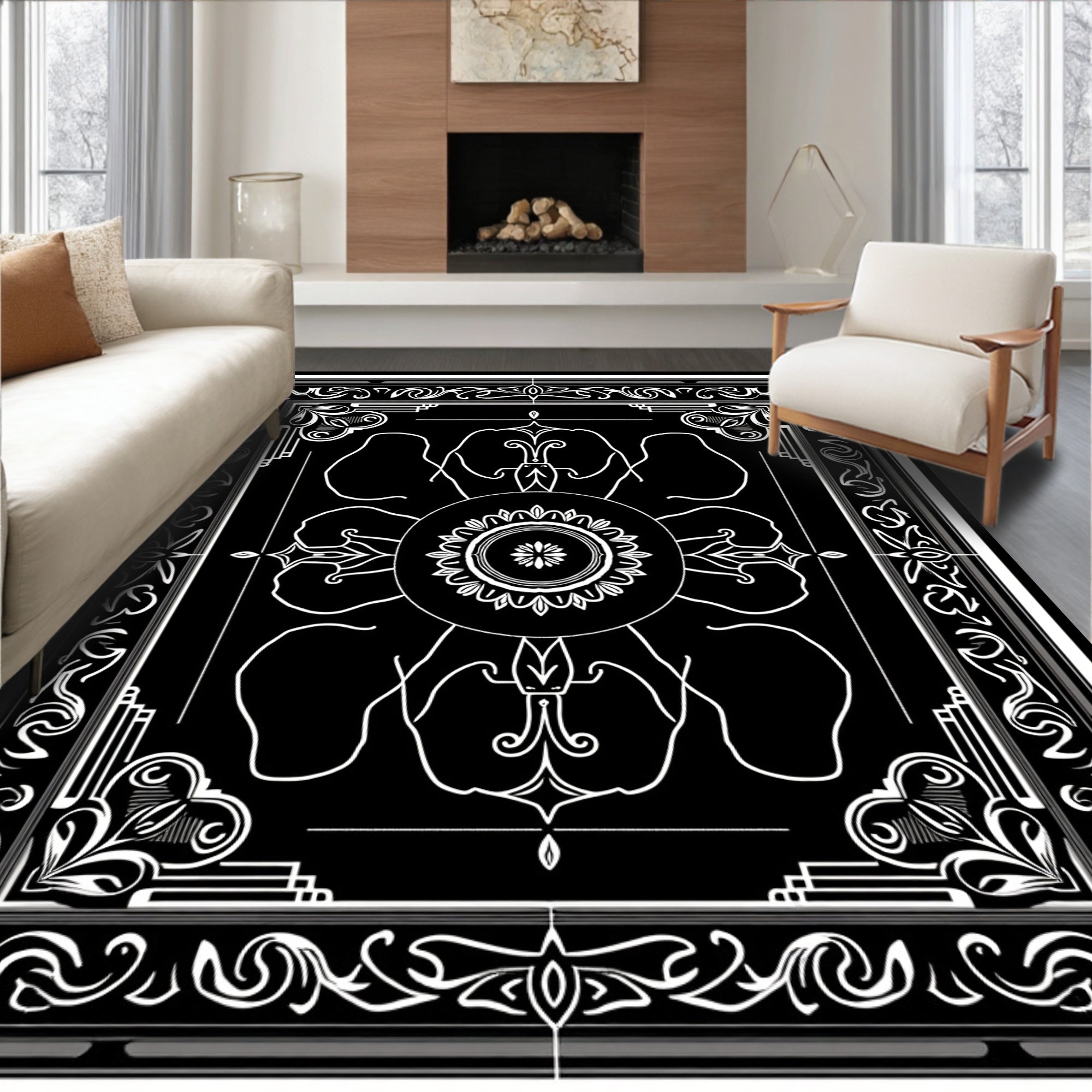 Classic Black White Floral Pattern Rug