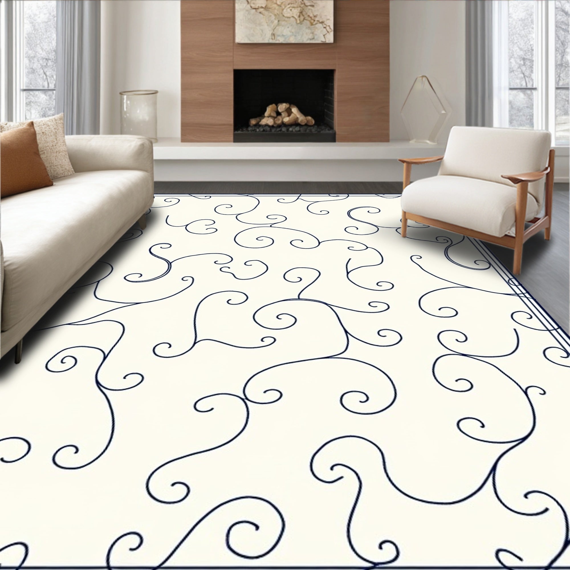 Vine Swirl Patterned Cream Navy Rug