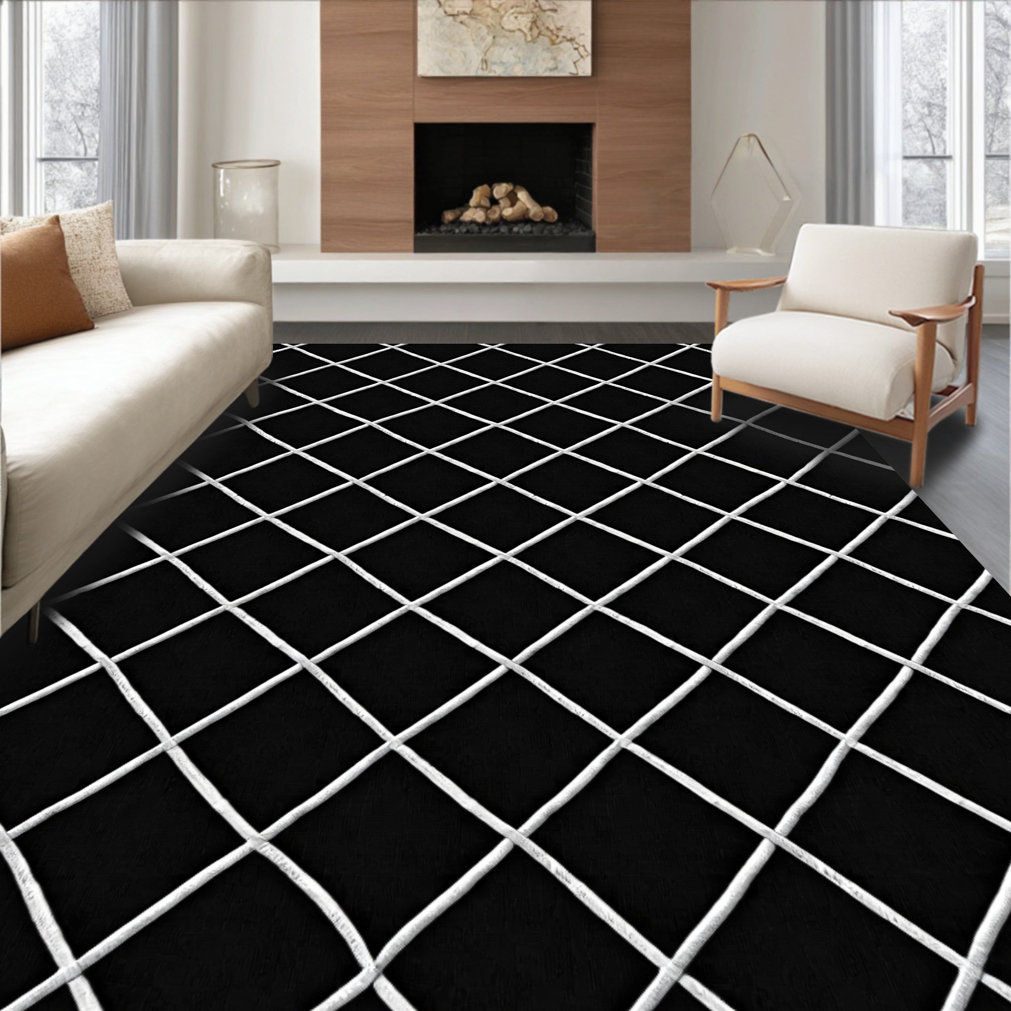 Monochrome Diamond Net Pattern Rug