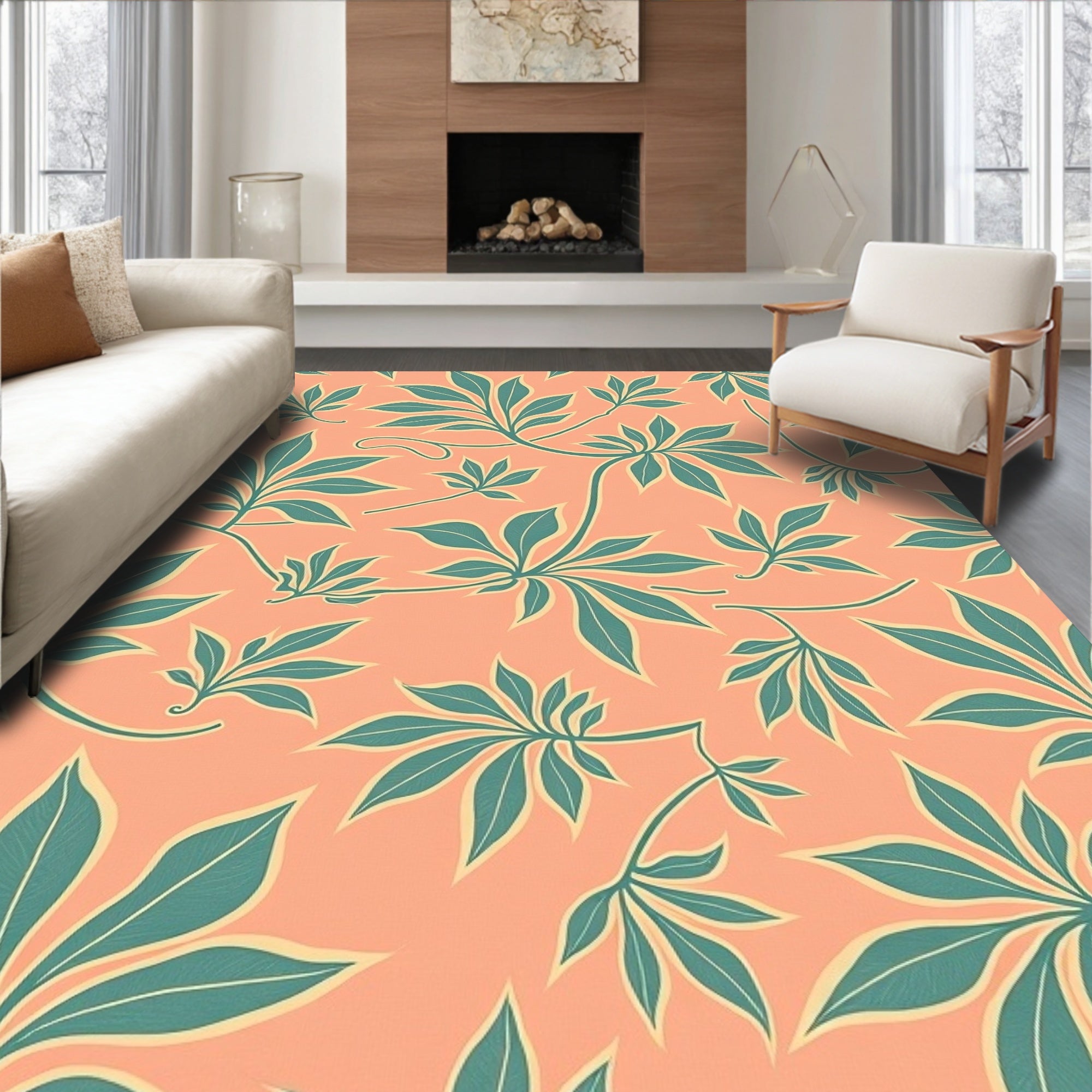 Coral Tropical Leaf Pattern Rug