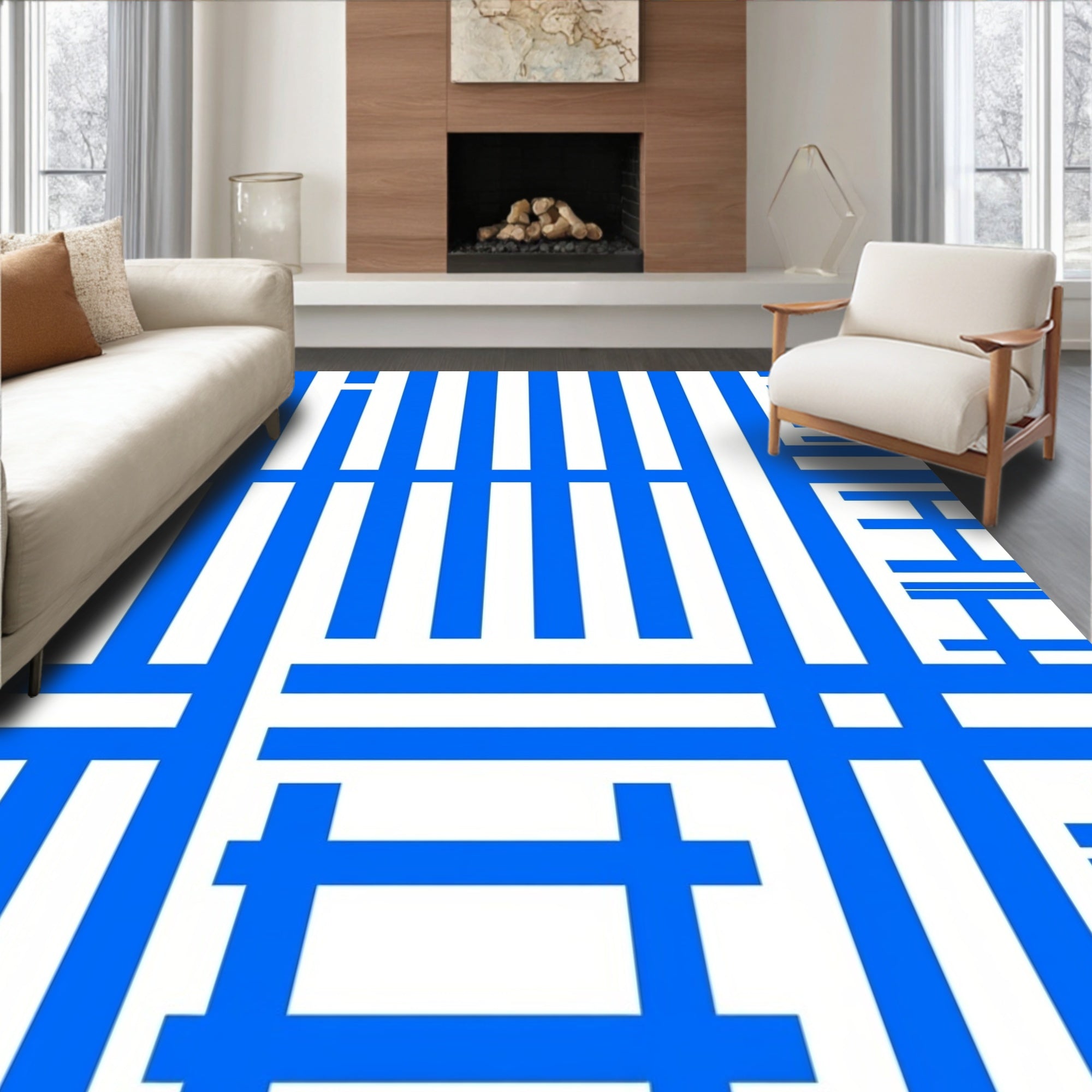 Modern Blue White Geometric Lines Rug