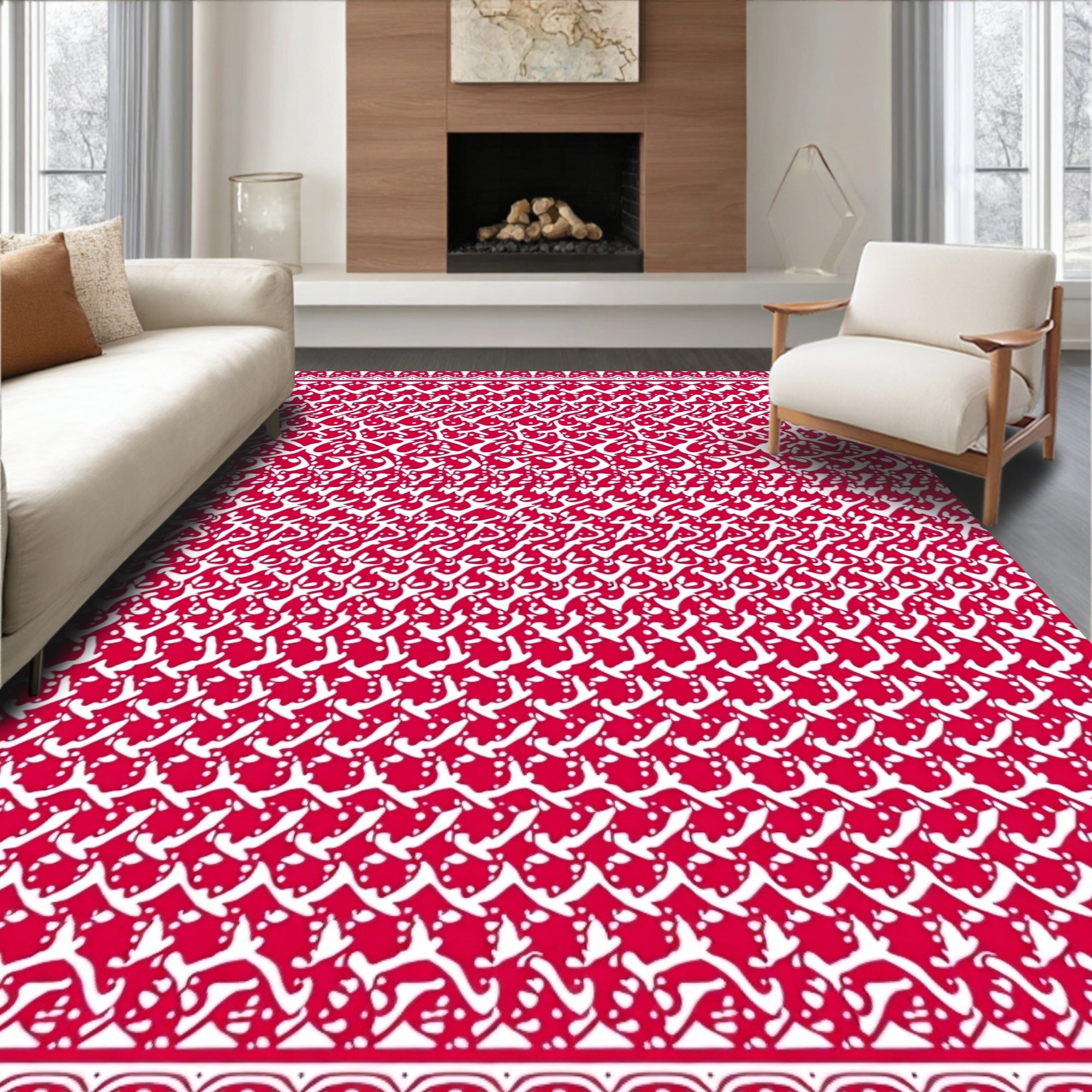 Ornate Red White Patterned Texture Rug