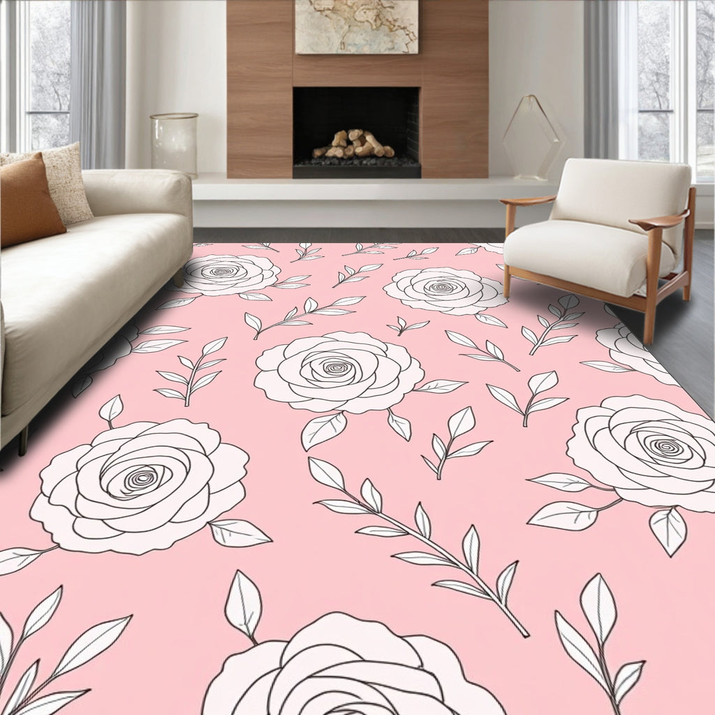 Delicate Rose Floral Outline Pattern Rug