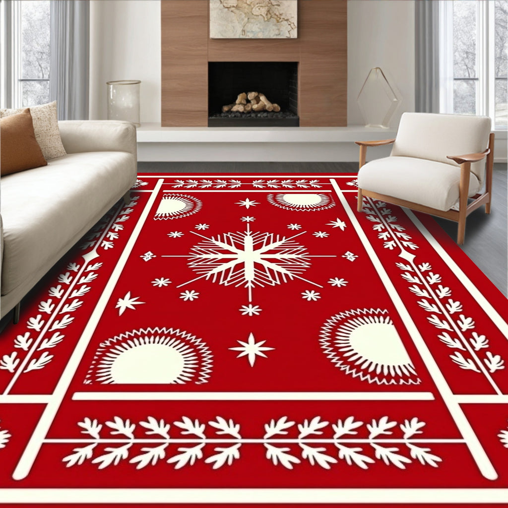 Striking Red Snowflake Festive Pattern Rug