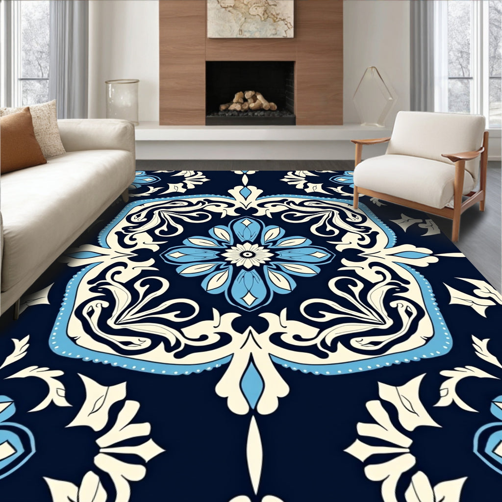 Elegant Blue Floral Medallion Pattern Rug