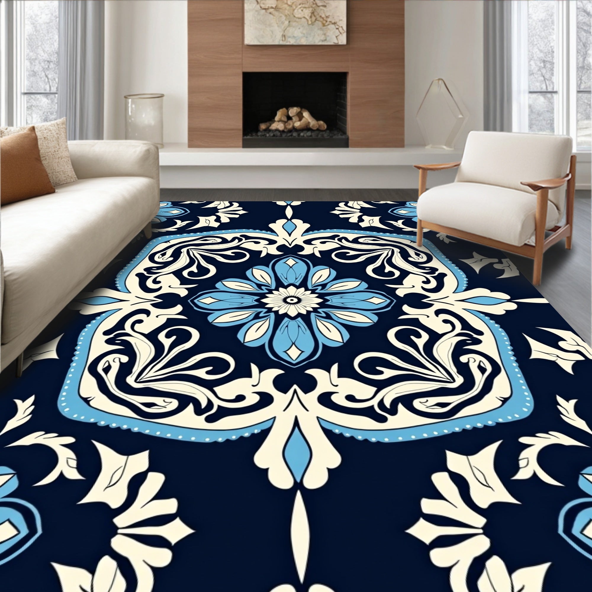 Elegant Blue Floral Medallion Pattern Rug