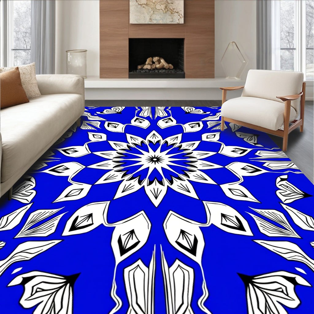 Bold Blue White Floral Mandala Pattern Rug