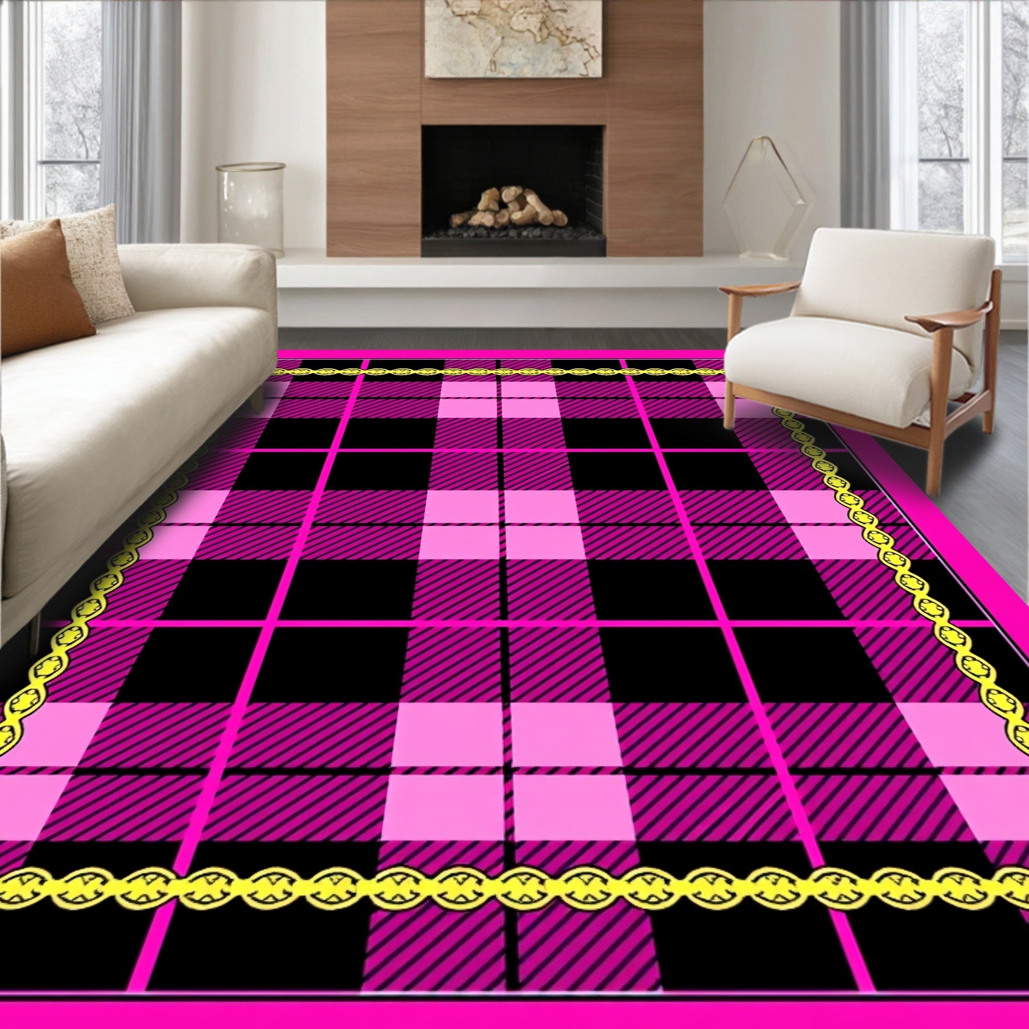 Bold Pink Black Plaid Chain Border Rug