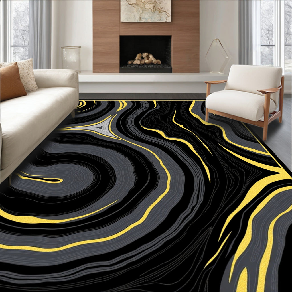 Bold Black Yellow Swirl Agate Design Rug