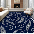 Dark Blue White Feather Swirl Pattern Rug