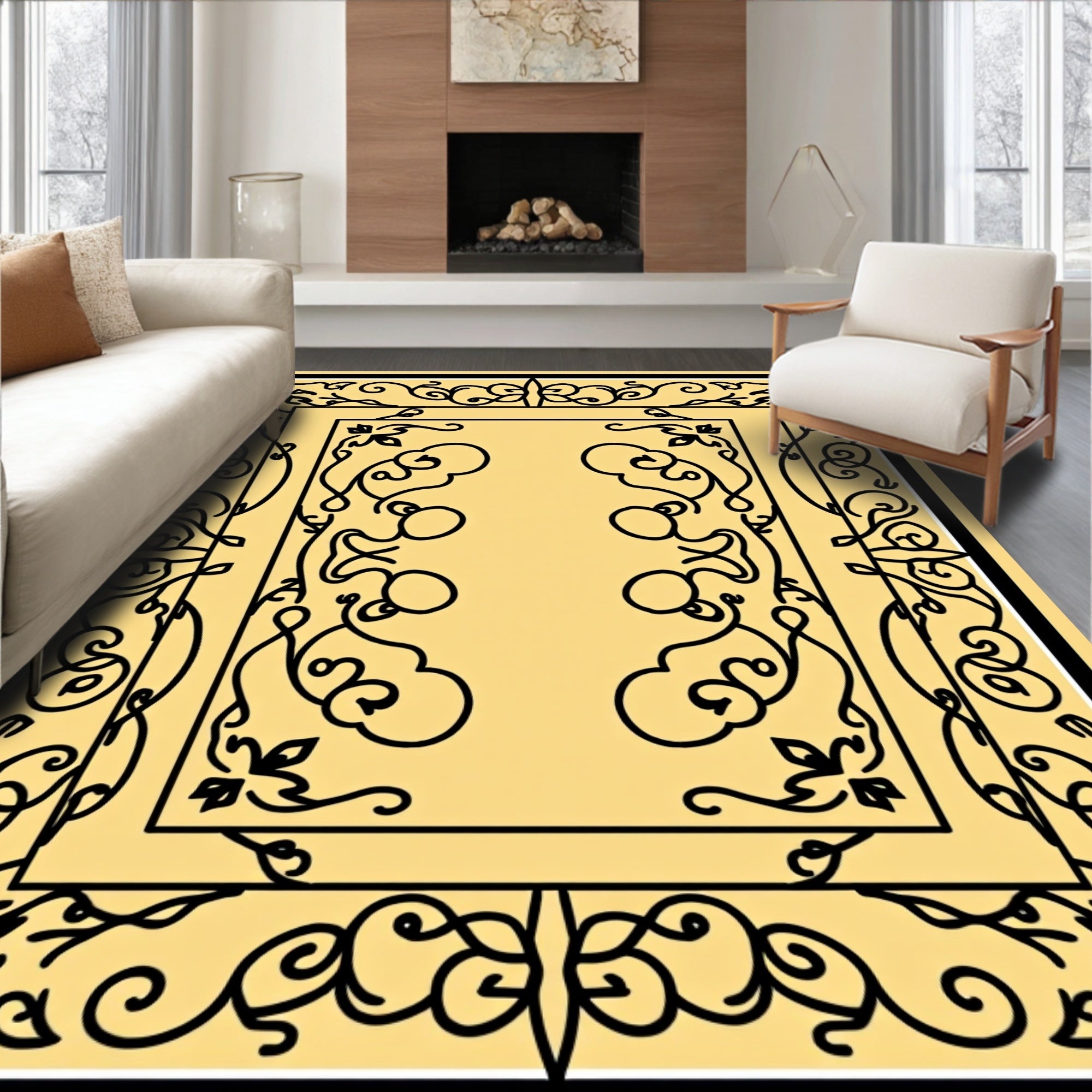 Ornate Black Cream Floral Design Rug