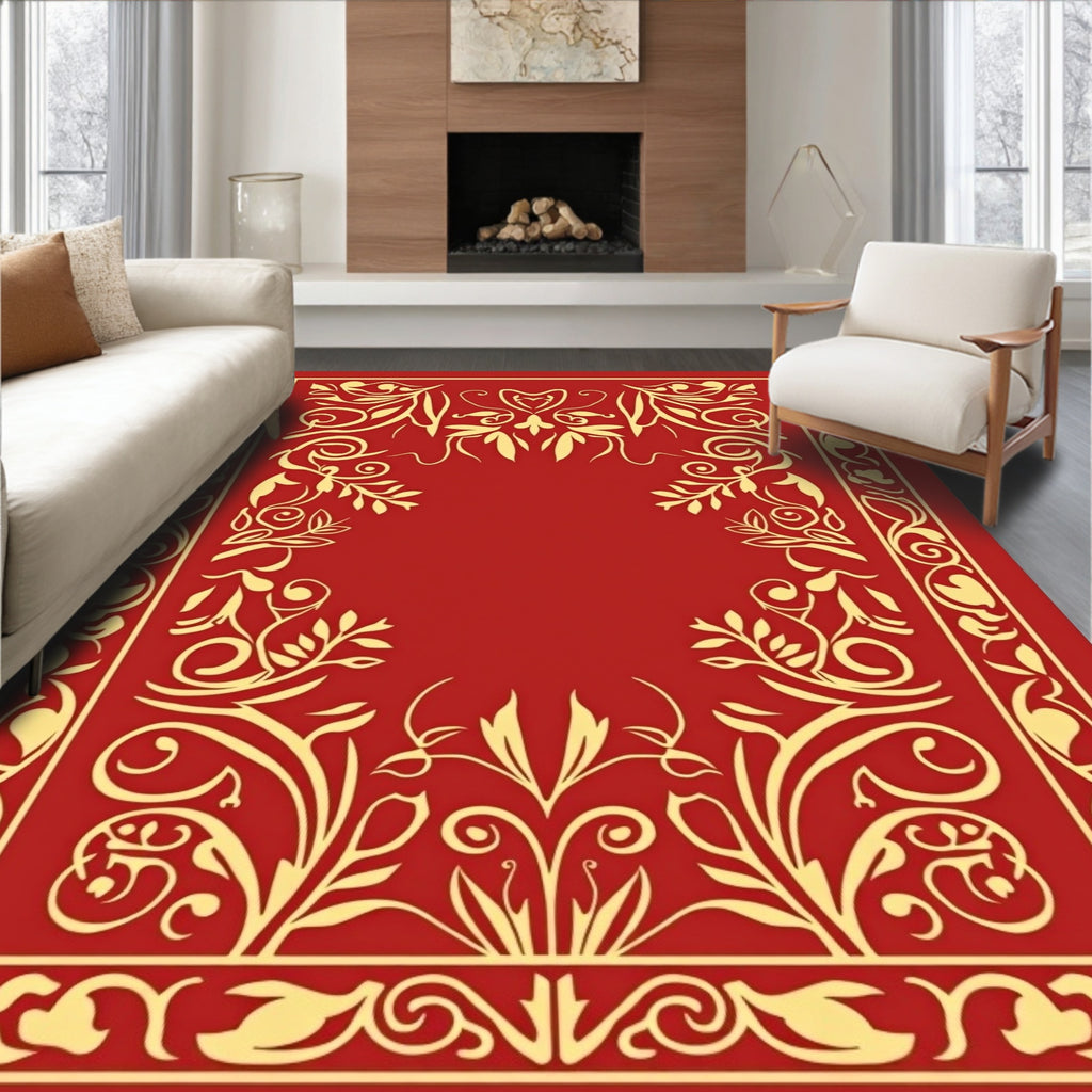 Red Gold Ornate Floral Pattern Rug