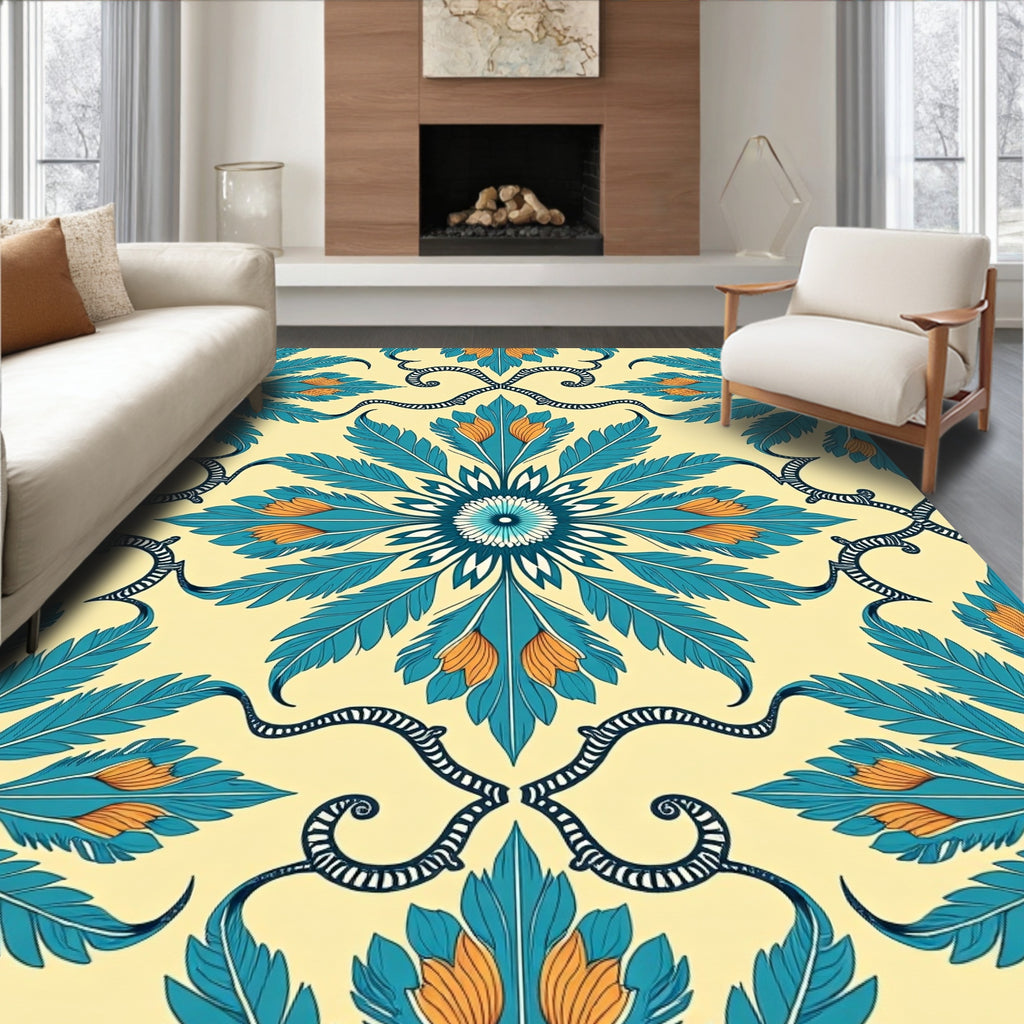Blue Orange Floral Medallion Pattern Rug
