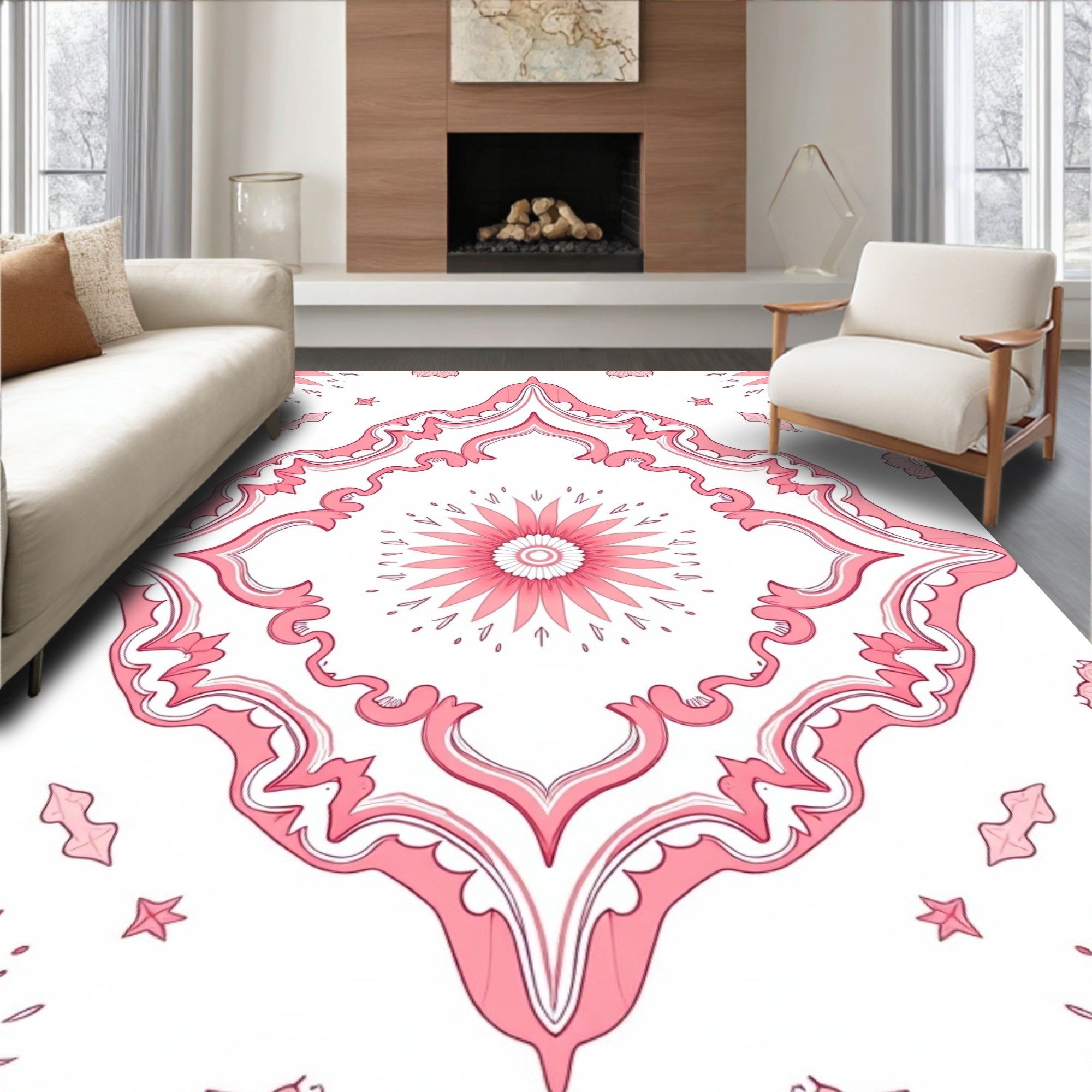Ornate Pink Floral Medallion Design Rug