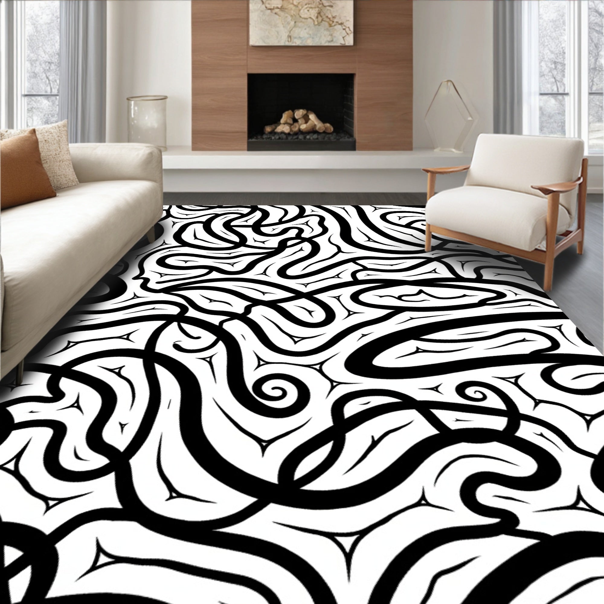 Abstract Black White Swirling Lines Rug