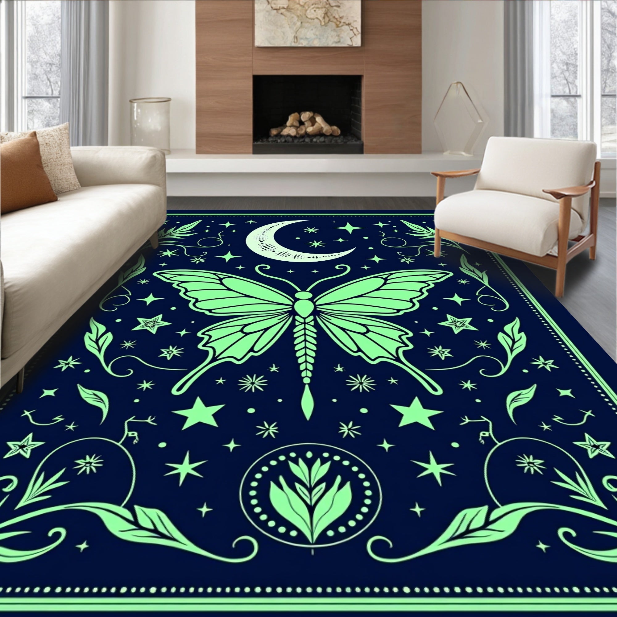 Celestial Butterfly Moon Stars Design Rug