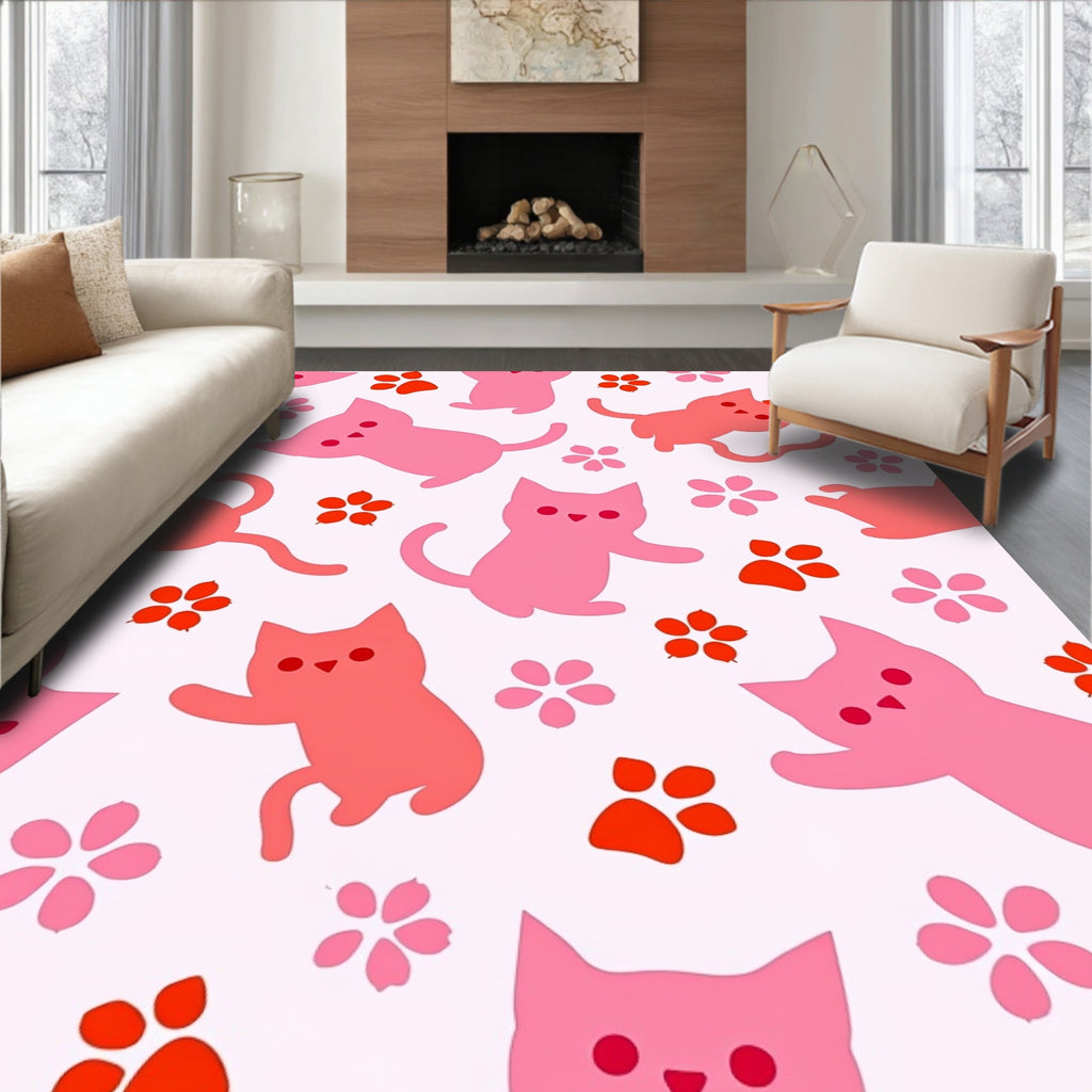 Playful Pink Cat Paw Flower Pattern Rug