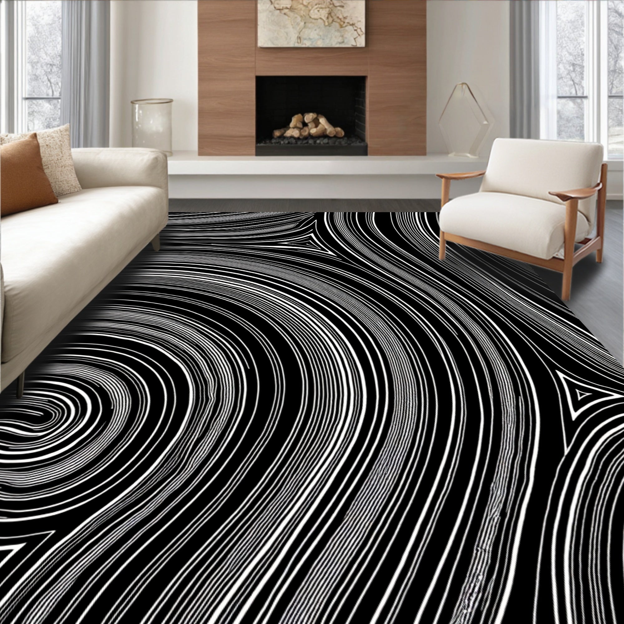 Black White Abstract Swirls Rug