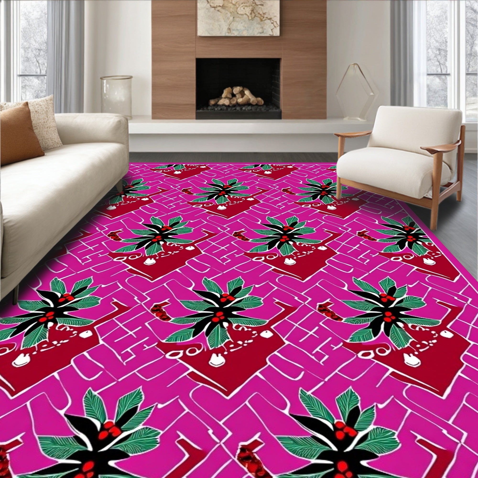 Abstract Pink Floral Leaf Pattern Rug