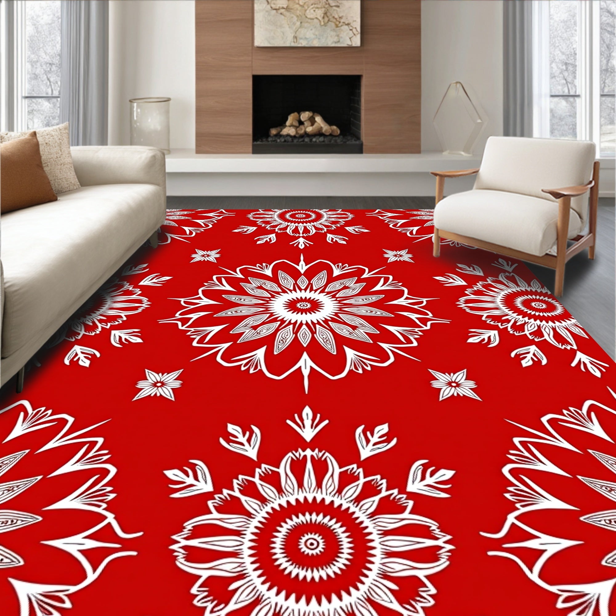 White Floral Mandala Red Pattern Rug